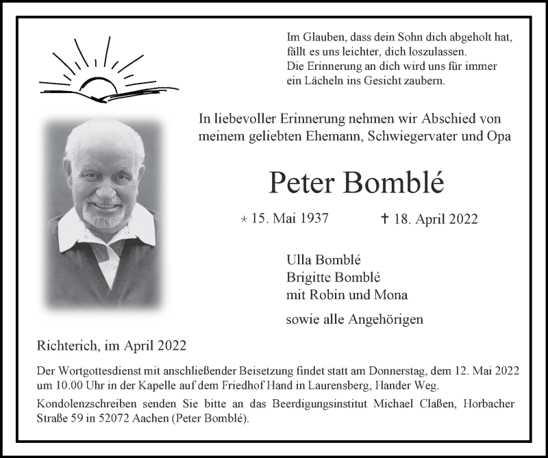  Traueranzeige für Peter Bomblé vom 01.05.2022 aus Zeitung am Sonntag