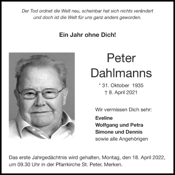 Traueranzeige von Peter Dahlmanns von Zeitung am Sonntag