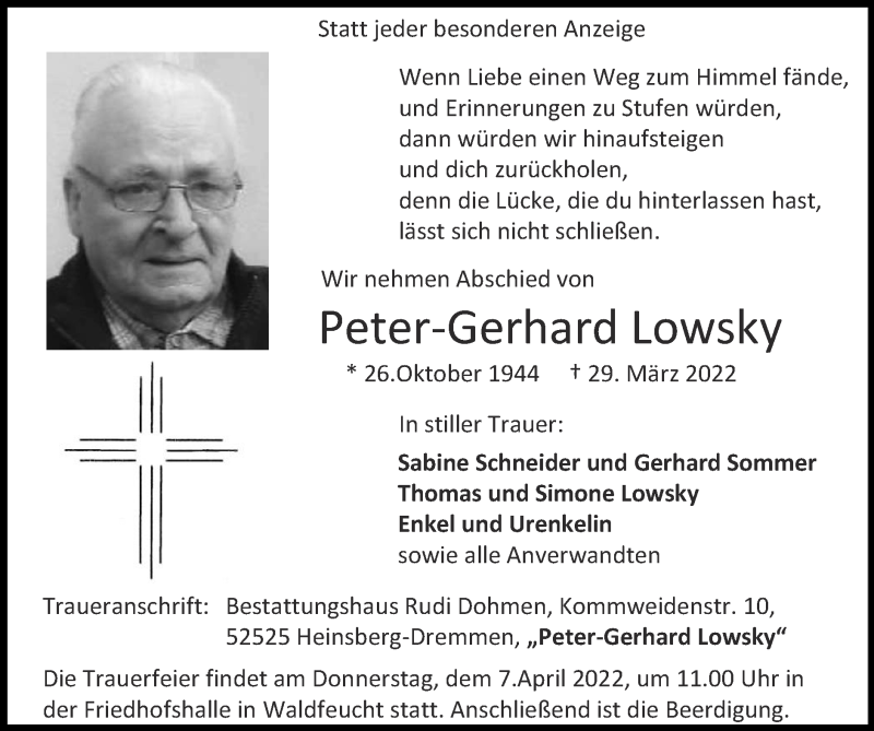  Traueranzeige für Peter-Gerhard Lowsky vom 03.04.2022 aus Zeitung am Sonntag