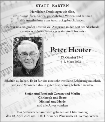 Traueranzeige von Peter Heuter von Zeitung am Sonntag