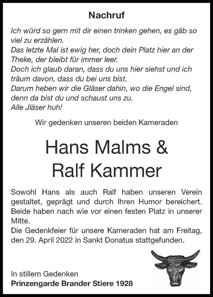  Traueranzeige für Ralf Kammer vom 01.05.2022 aus Zeitung am Sonntag