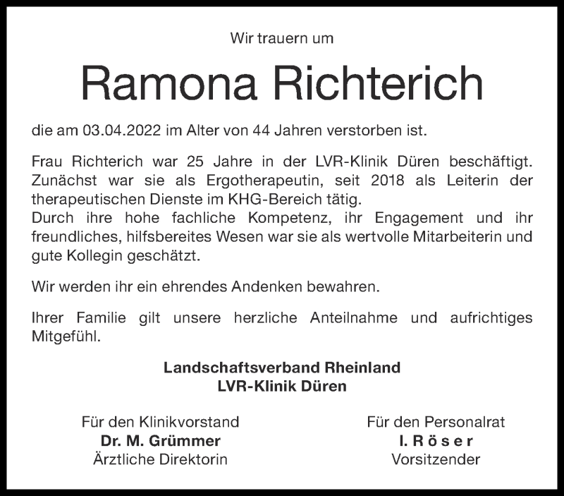  Traueranzeige für Ramona Richterich vom 30.04.2022 aus Aachener Zeitung / Aachener Nachrichten