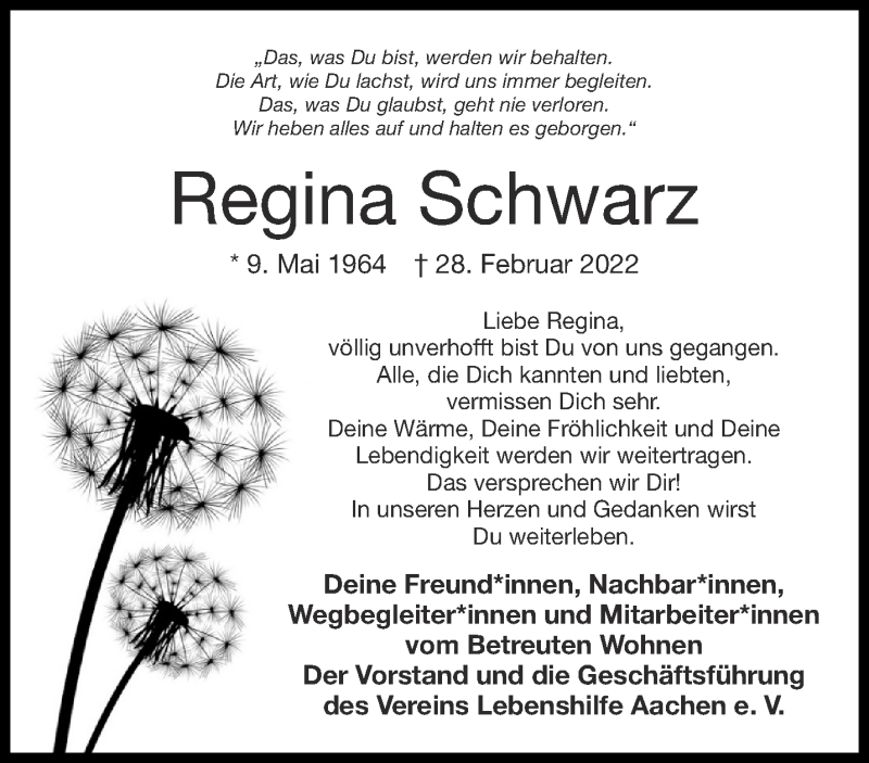  Traueranzeige für Regina Schwarz vom 02.04.2022 aus Aachener Zeitung / Aachener Nachrichten
