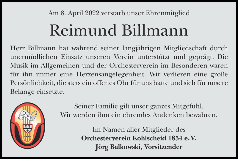 Traueranzeige für Reimund Billmann vom 17.04.2022 aus Zeitung am Sonntag