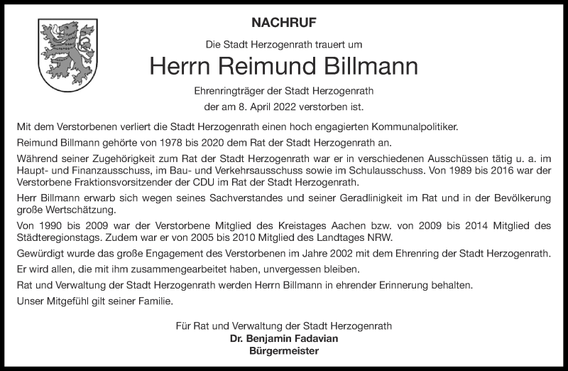  Traueranzeige für Reimund Billmann vom 16.04.2022 aus Aachener Zeitung / Aachener Nachrichten