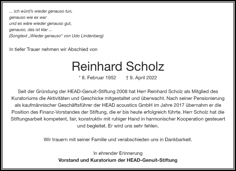  Traueranzeige für Reinhard Scholz vom 23.04.2022 aus Aachener Zeitung / Aachener Nachrichten