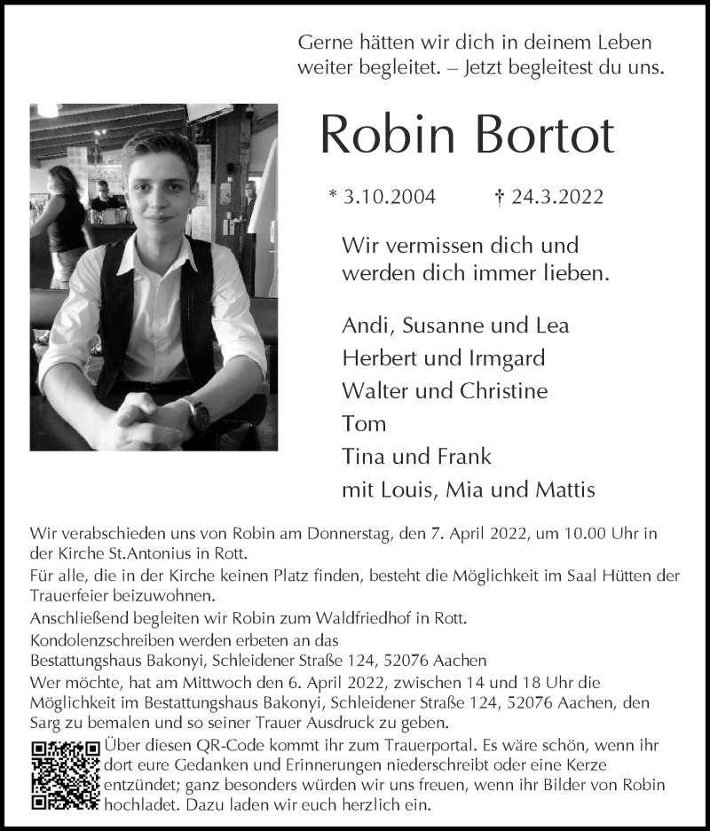  Traueranzeige für Robin Bortot vom 03.04.2022 aus Zeitung am Sonntag