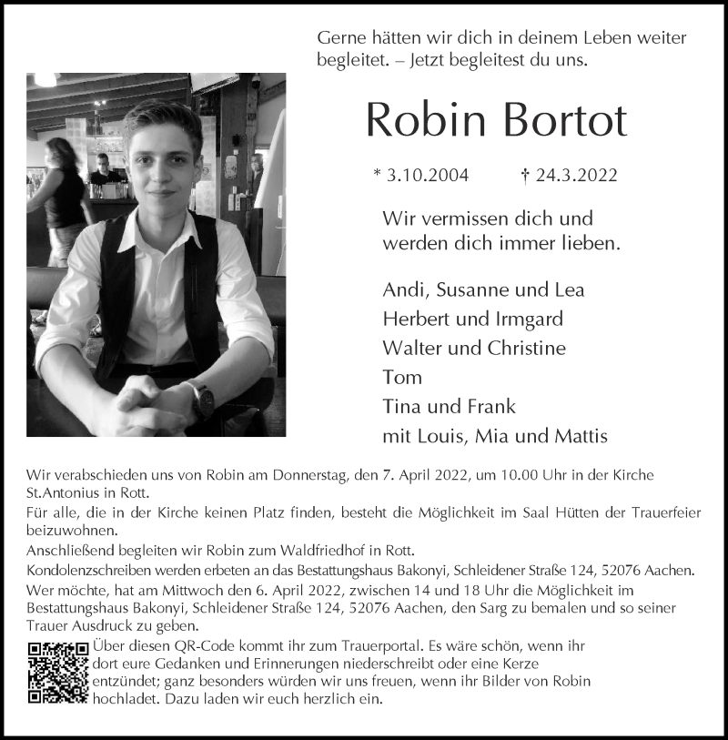  Traueranzeige für Robin Bortot vom 02.04.2022 aus Aachener Zeitung / Aachener Nachrichten