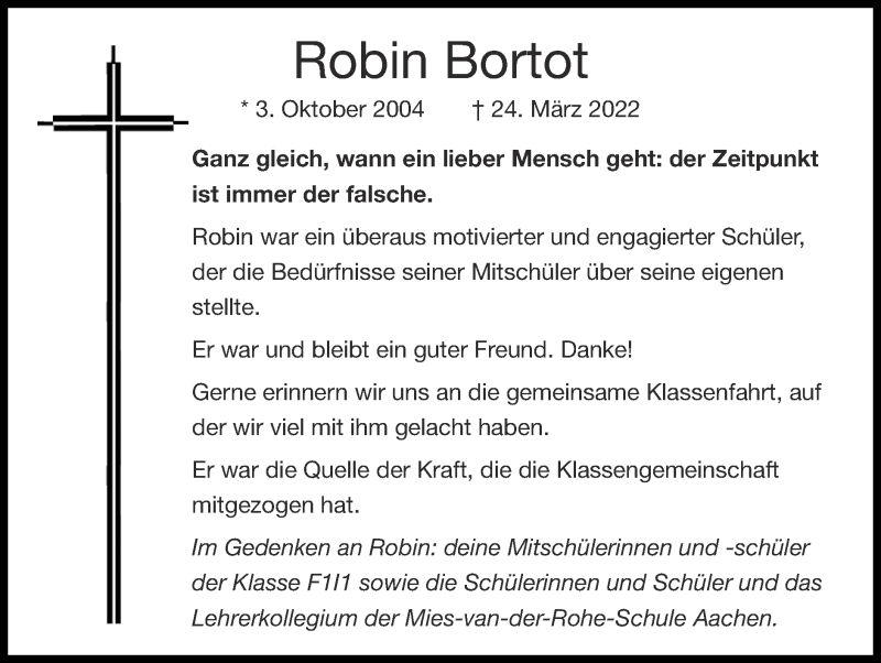  Traueranzeige für Robin Bortot vom 10.04.2022 aus Zeitung am Sonntag