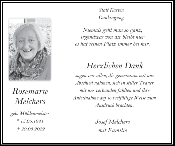 Traueranzeige von Rosemarie Melchers von Zeitung am Sonntag