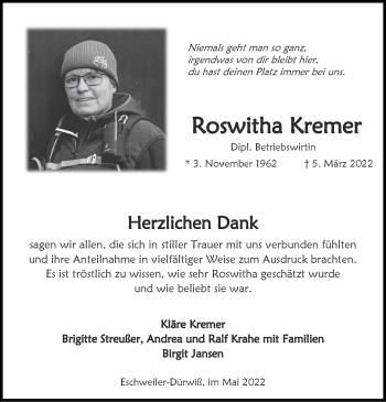Traueranzeige von Roswitha Kremer von Zeitung am Sonntag