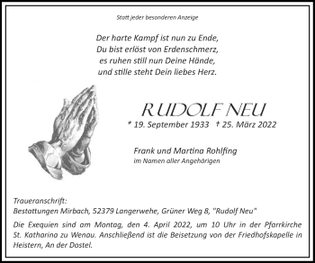 Traueranzeige von Rudolf Neu von Zeitung am Sonntag