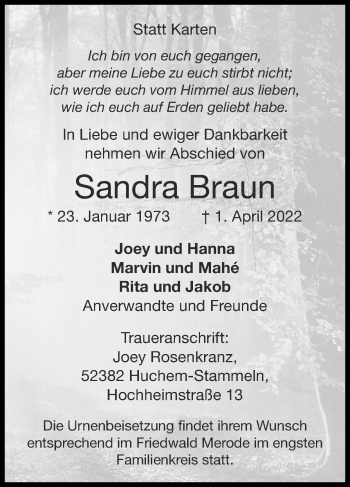 Traueranzeige von Sandra Braun von Zeitung am Sonntag
