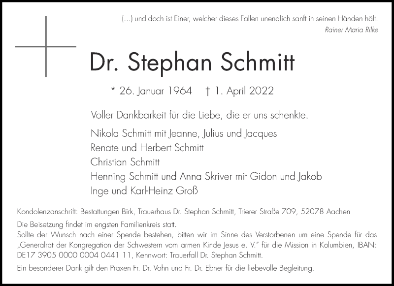  Traueranzeige für Stephan Schmitt vom 09.04.2022 aus Aachener Zeitung / Aachener Nachrichten