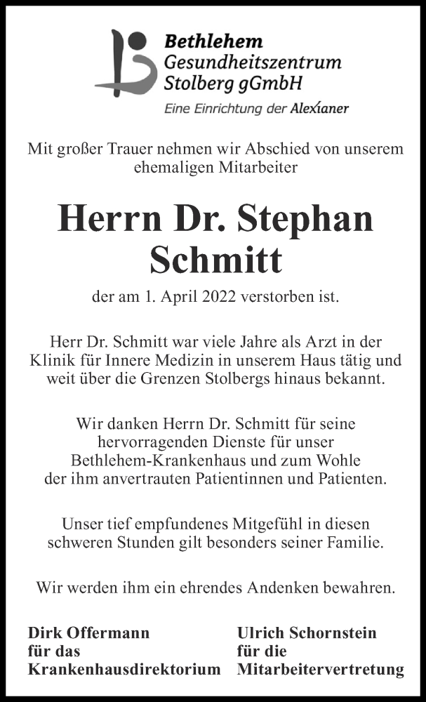  Traueranzeige für Stephan Schmitt vom 10.04.2022 aus Zeitung am Sonntag