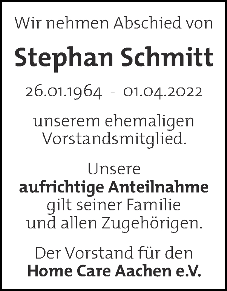  Traueranzeige für Stephan Schmitt vom 09.04.2022 aus Aachener Zeitung / Aachener Nachrichten