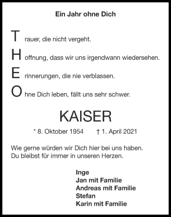 Traueranzeige von Theo Kaiser von Zeitung am Sonntag