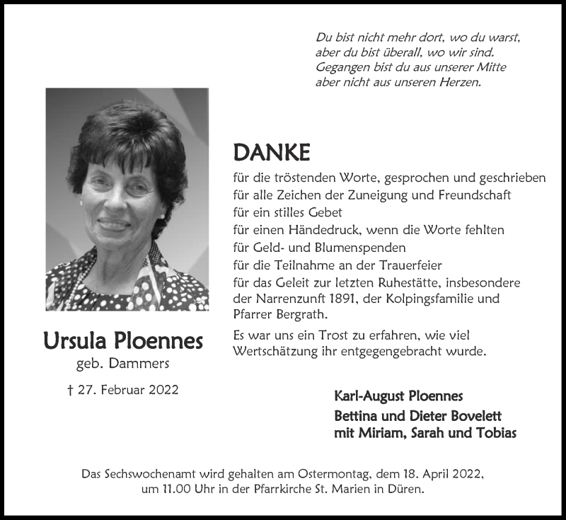  Traueranzeige für Ursula Ploennes vom 10.04.2022 aus Zeitung am Sonntag