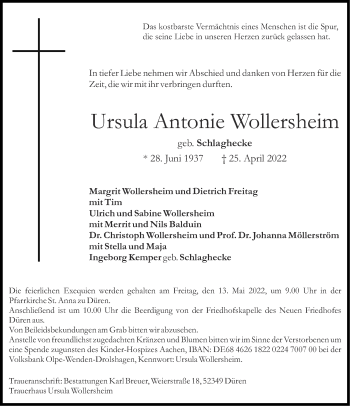 Traueranzeige von Ursula Antonie Wollersheim von Aachener Zeitung / Aachener Nachrichten