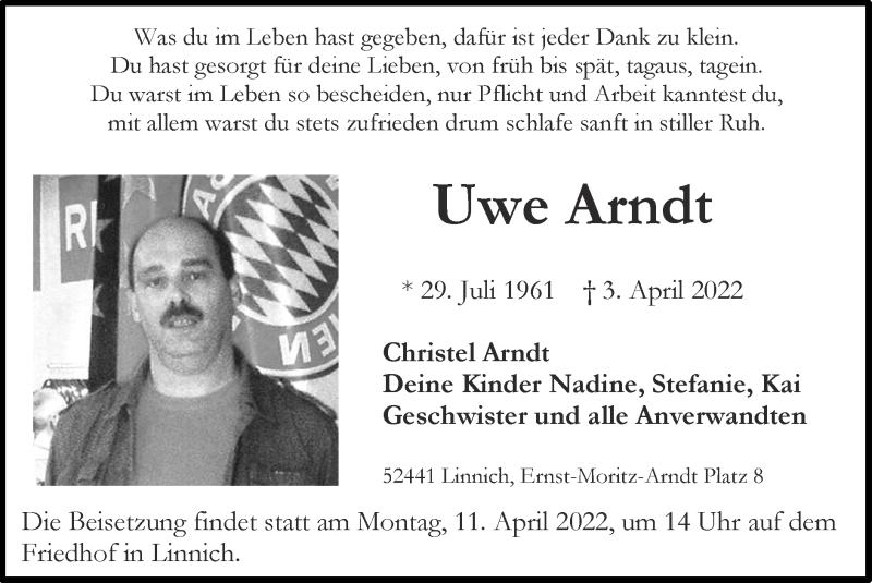  Traueranzeige für Uwe Arndt vom 10.04.2022 aus Zeitung am Sonntag