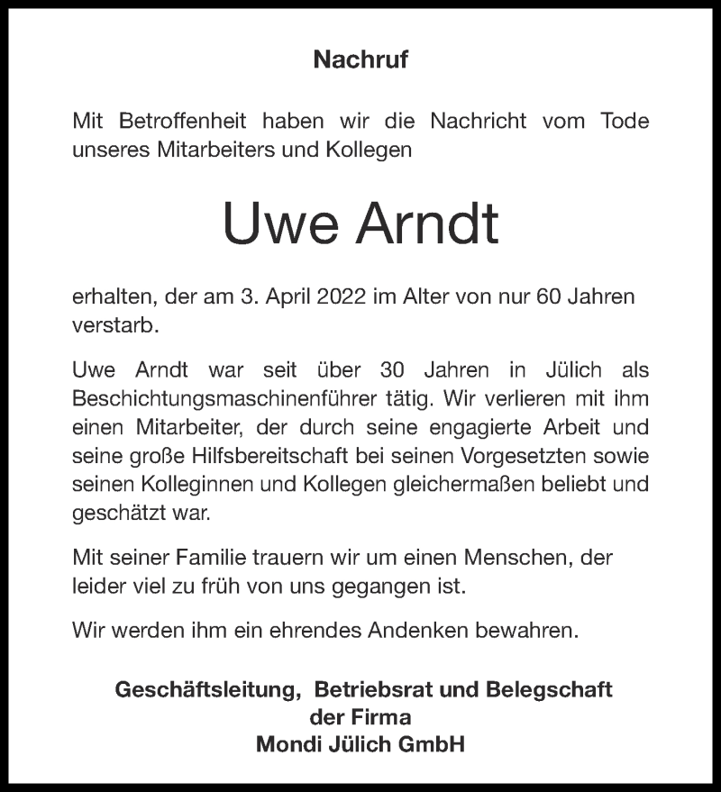  Traueranzeige für Uwe Arndt vom 09.04.2022 aus Aachener Zeitung / Aachener Nachrichten
