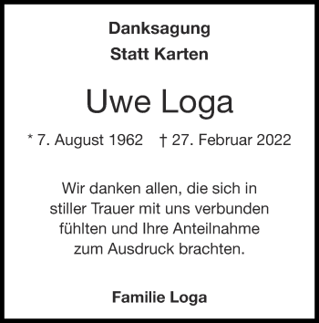 Traueranzeige von Uwe Loga von Zeitung am Sonntag