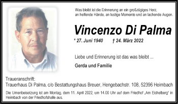 Traueranzeige von Vincenzo Di Palma von Zeitung am Sonntag