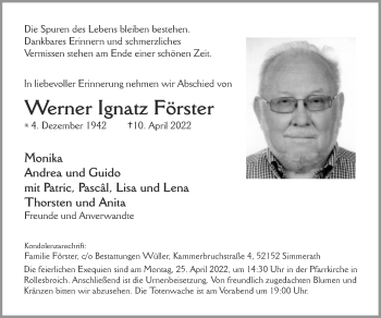 Traueranzeige von Werner Ignatz Förster von Zeitung am Sonntag