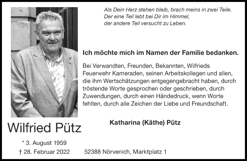  Traueranzeige für Wilfried Pütz vom 23.04.2022 aus Aachener Zeitung / Aachener Nachrichten