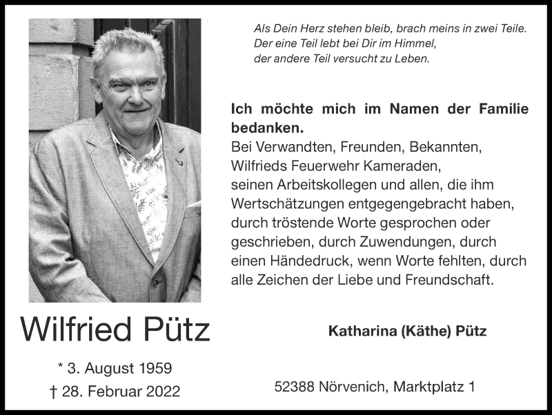  Traueranzeige für Wilfried Pütz vom 01.05.2022 aus Zeitung am Sonntag