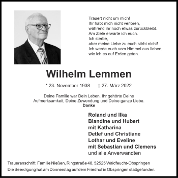 Traueranzeige von Wilhelm Lemmen von Zeitung am Sonntag