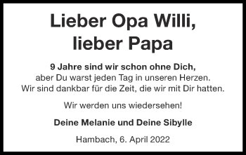 Traueranzeige von Willi  von Zeitung am Sonntag
