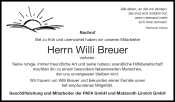 Traueranzeige von Willi Breuer von Zeitung am Sonntag