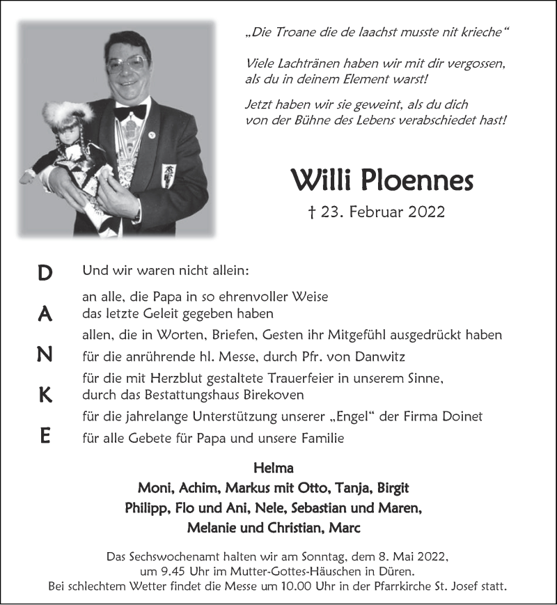  Traueranzeige für Willi Ploennes vom 01.05.2022 aus Zeitung am Sonntag