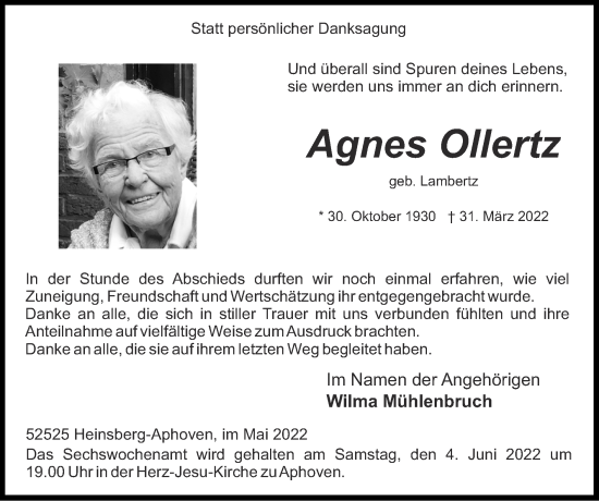 Traueranzeige von Agnes Ollertz von Zeitung am Sonntag