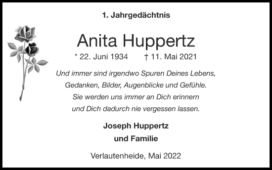 Traueranzeige von Anita Huppertz von Zeitung am Sonntag
