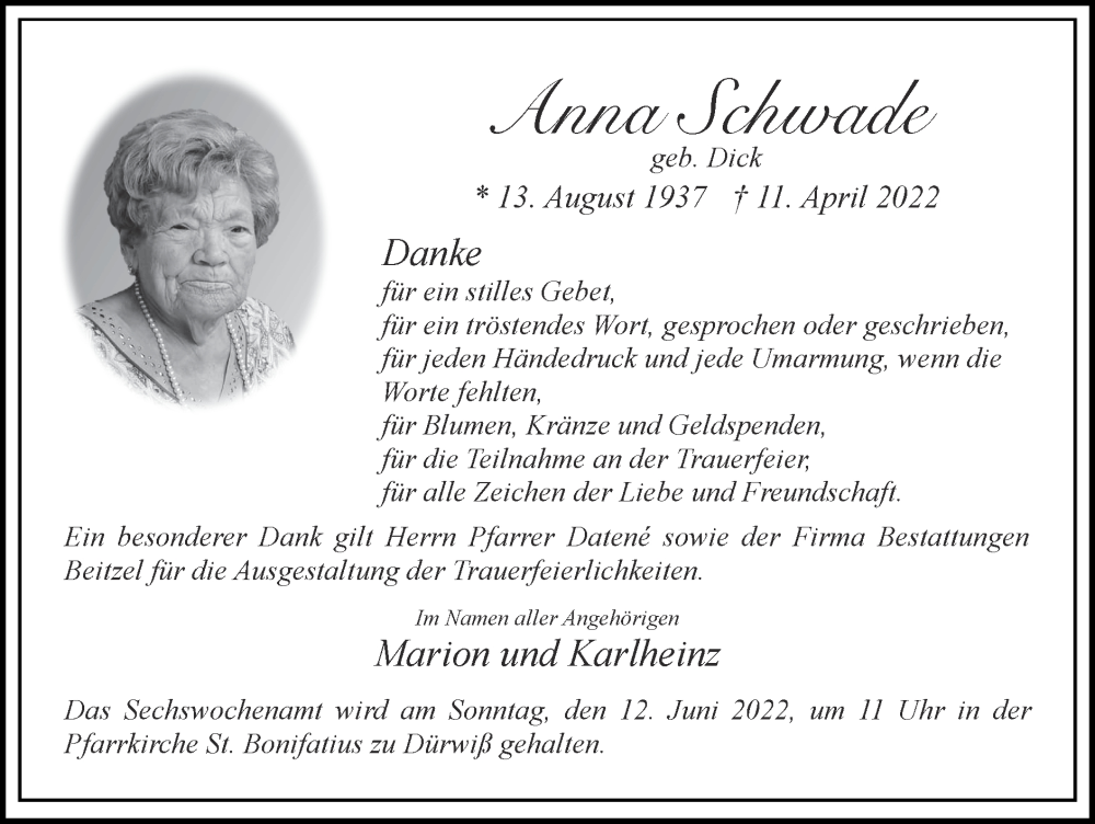  Traueranzeige für Anna Schwade vom 29.05.2022 aus Zeitung am Sonntag