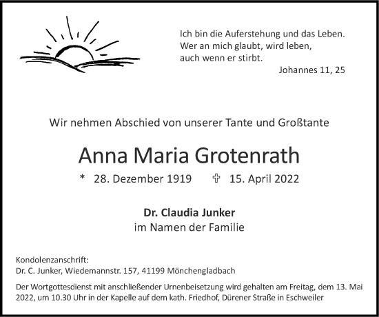 Traueranzeige von Anna Maria Grotenrath von Zeitung am Sonntag