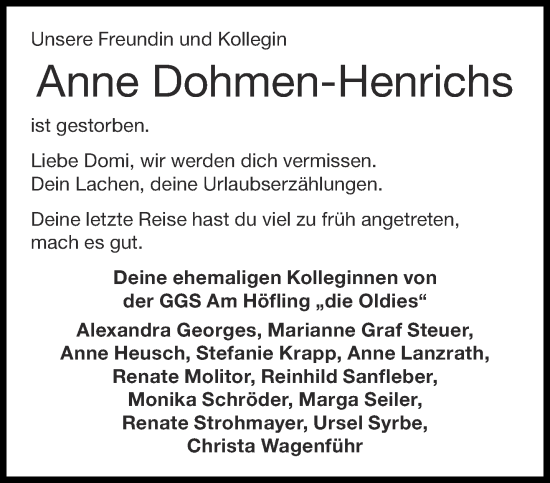 Traueranzeige von Anne Dohmen-Henrichs von Aachener Zeitung / Aachener Nachrichten