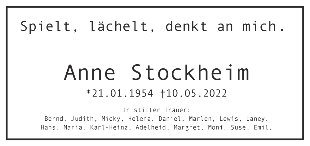  Traueranzeige für Anne Stockheim vom 21.05.2022 aus Aachener Zeitung / Aachener Nachrichten