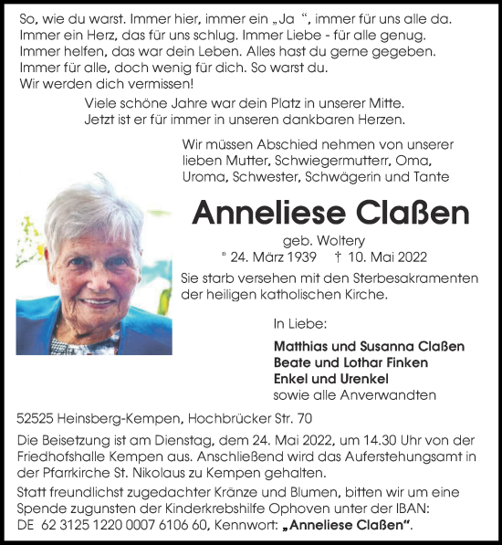 Traueranzeige von Anneliese Claßen von Zeitung am Sonntag