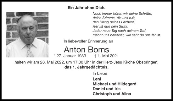 Traueranzeige von Anton Boms von Zeitung am Sonntag