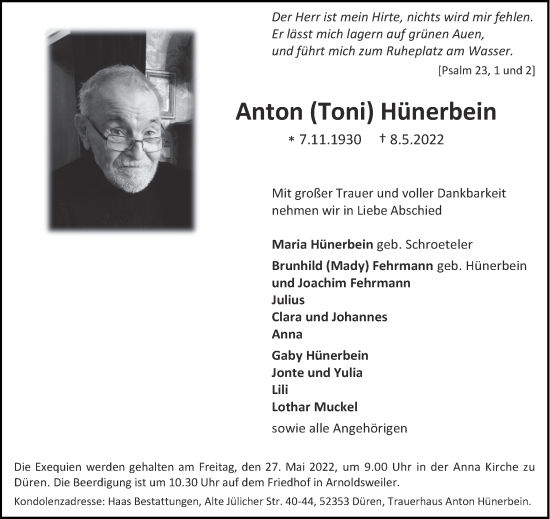 Traueranzeige von Anton Hünerbein von Aachener Zeitung / Aachener Nachrichten