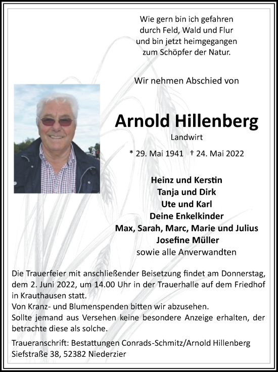 Traueranzeige von Arnold Hillenberg von Zeitung am Sonntag