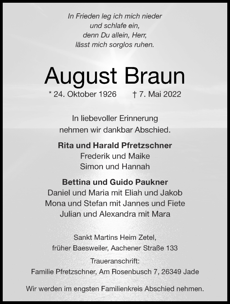  Traueranzeige für August Braun vom 14.05.2022 aus Aachener Zeitung / Aachener Nachrichten