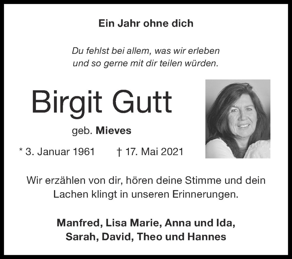  Traueranzeige für Birgit Gutt vom 22.05.2022 aus Zeitung am Sonntag