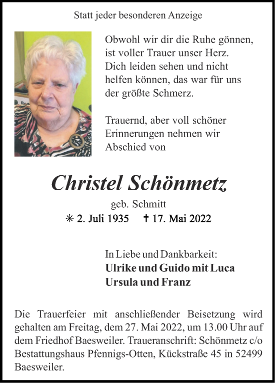 Traueranzeige von Christel Schönmetz von Zeitung am Sonntag