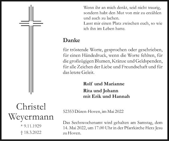 Traueranzeige von Christel Weyermann von Zeitung am Sonntag