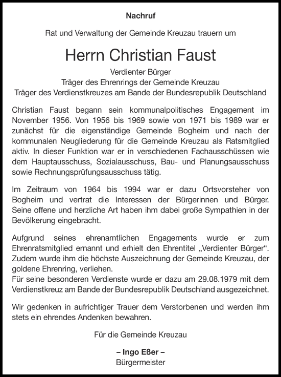 Traueranzeige von Christian Faust von Zeitung am Sonntag