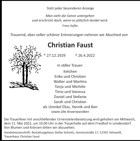 Traueranzeige von Christian Faust von Zeitung am Sonntag
